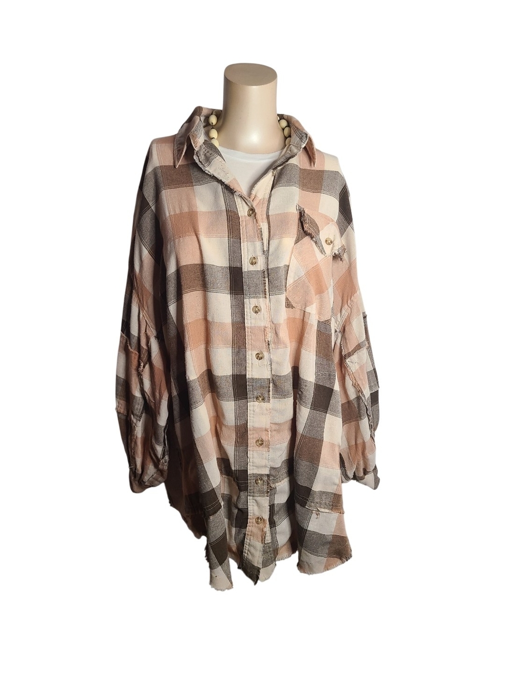 easel Plaid Raw Edge Oversized Tunic Shirt Medium